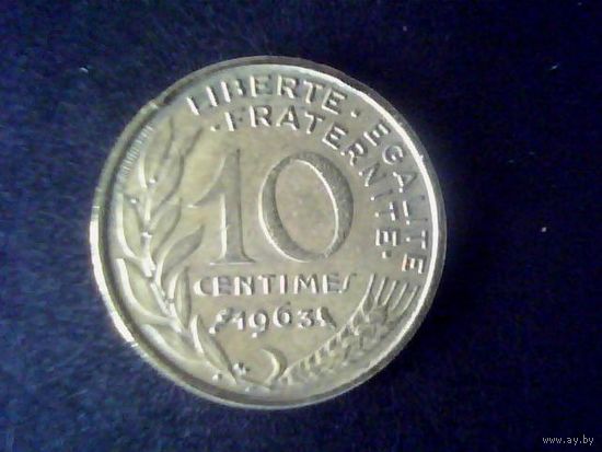Монеты.Европа.Франция 10 Сантимов 1963.