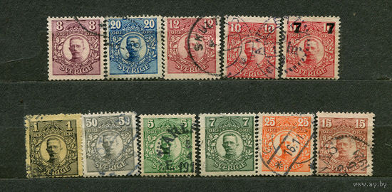 Король Густав V. Стандартный выпуск. Швеция. 1910-1914. Серия 11 марок