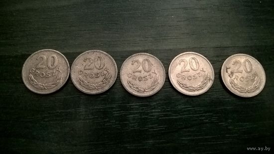 Польша 20 грошей - 1949 , 1961, 1966 , 1969 ,1970,1973, 1976, 1977, 1979, 1981,1985 .