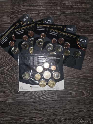 Германия 2015 год 5 наборов разных монетных дворов A D F G J. 1, 2, 5, 10, 20, 50 евроцентов, 1 евро и 2х2 юбилейных евро. Официальный набор BU монет в упаковке.
