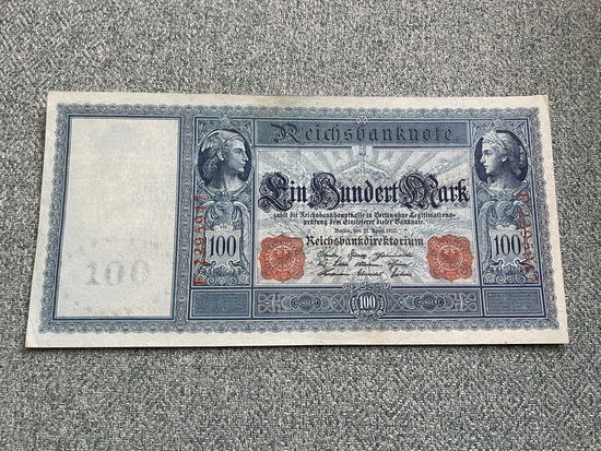 Германия Имперская банкнота 100 марок F-2295947 Берлин 21.04.1910 год / Две красные печати бумага синеватая