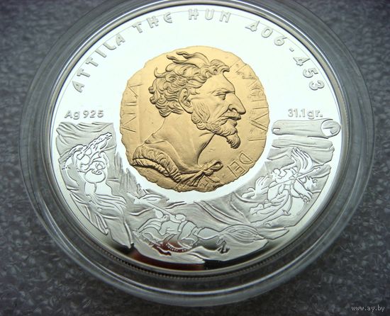 100 тенге монета Казахстан 2009 Аттила Серия Великие полководцы Серебро позолота 999/1000
