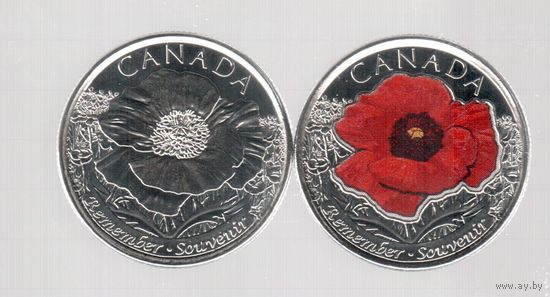 Канада две монеты 25 центов 2015 На полях Фландрии простая и цветная UNC