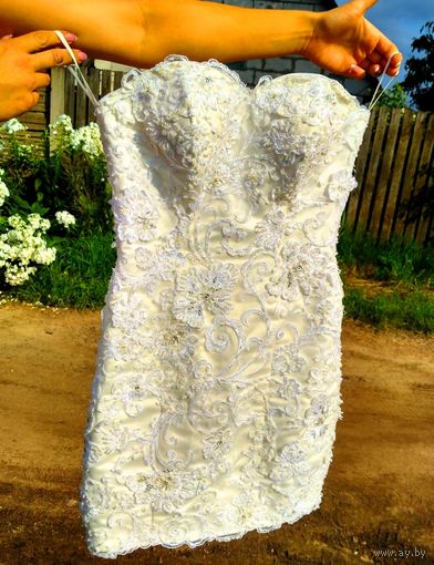Свадебное платье короткое шампань, размер 42-44