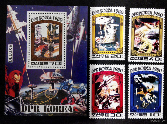 Корея. КНДР 1980 г. Покорители Вселенной. Космос, полная серия + Блок. Чистые #0089-Ч1P12