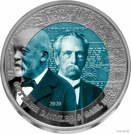 Гана 2 седи 2020. "Готтлиб Даймлер и Карл Бенц". Монета в капсуле, подарочном футляре; сертификат; коробка. Титан 15гр.