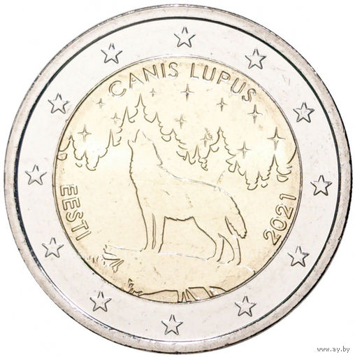 2 евро Эстония 2021 Эстонское национальное животное - Волк.  UNC из ролла