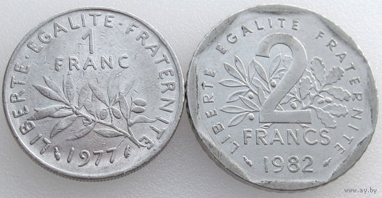 Франция, 2 монеты: 2 франка 1982 и 1 франк 1977 года