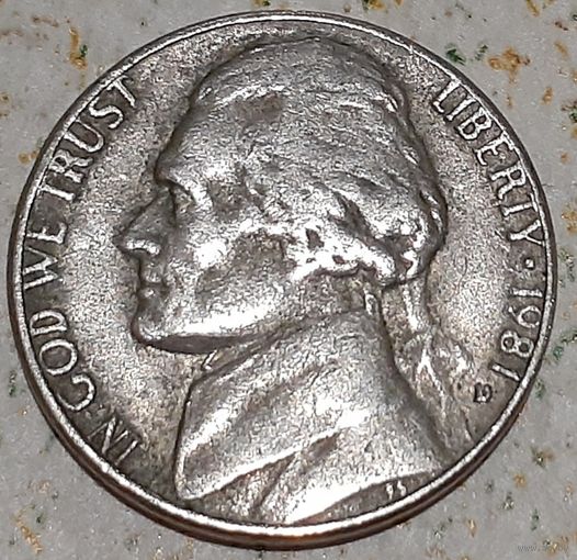 США 5 центов, 1981 Jefferson Nickel Отметка монетного двора: "D" - Денвер (9-3-8)