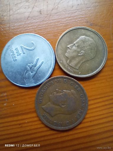 Великобритания пол пени 1939, Индия 2 рупии 2008, Бельгия 20 франков 1980 -85