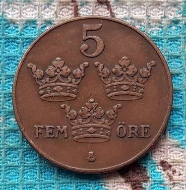 Швеция 5 оре (центов) 1939 года. Три короны. Густав V Адольф. Инвестируй в историю II Мировой войны!