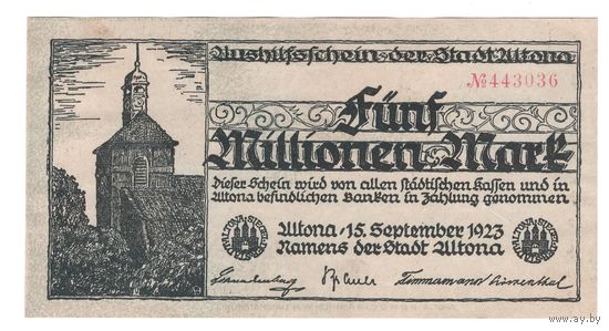 Германия Альтона 5 000 000 марок 1923 года. Водяной знак тонкие линии. Состояние XF+/aUNC!