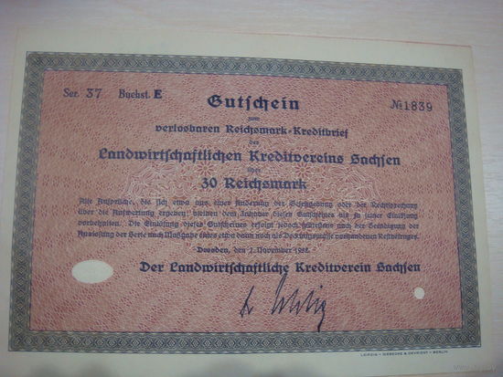 Акция Облигация Германия Третий рейх 30 рейхсмарок 1932   39