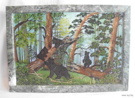 Картина Натуральный камень Утро в сосновом лесу Медведи 34 х 24 см