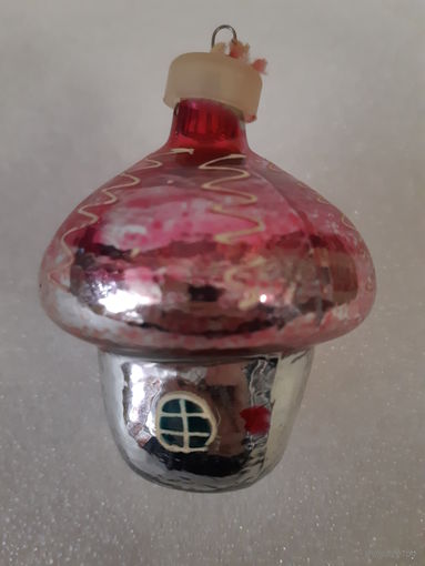 Игрушка ёлочная Домик с розовой крышей, стекло. СССР