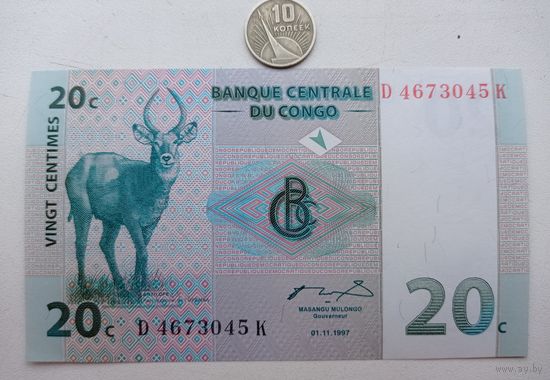 Werty71 Конго 20 сантимов 1997 UNC банкнота