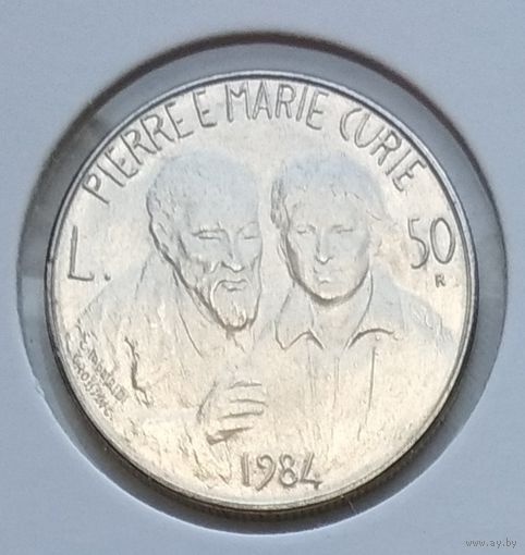 Сан-Марино 50 лир 1984 г. Учёные Пьер и Мария Кюри. В холдере