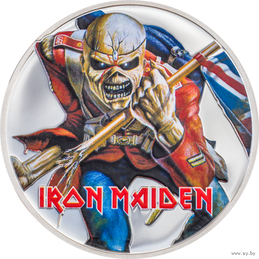 Острова Кука 5 долларов 2023г. "Iron Maiden – EDDIE - THE TROOPER". Монета в капсуле; подарочной рамке - футрляре; сертификат; коробка. СЕРЕБРО 31,10гр.(1 oz).