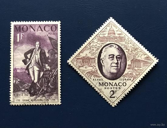 Монако 1956 год Известные люди Джордж Вашингтон Франклин Рузвельт Филателия Всемирная Выставка Марок в Нью-Йорке Mi:527,528 Гашеные
