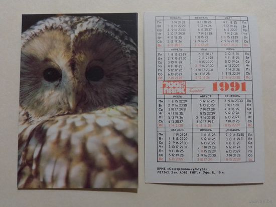 Карманный календарик. Зоопарк. Сова. Харьков. 1991 год