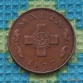 Мальта 1 цент 1977 года, UNC. Мальтийский крест. Георгий Победоносец.