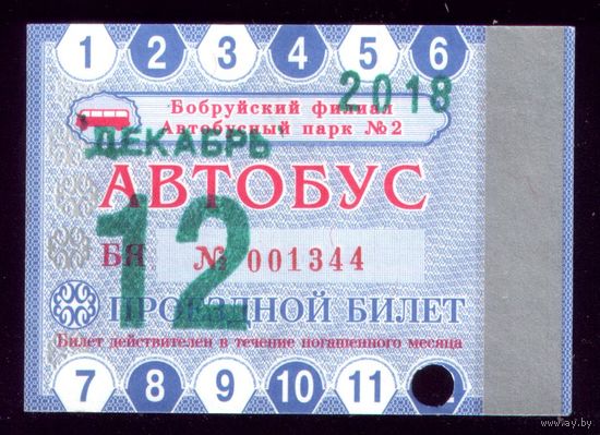 Проездной билет Бобруйск Автобус Декабрь 2018