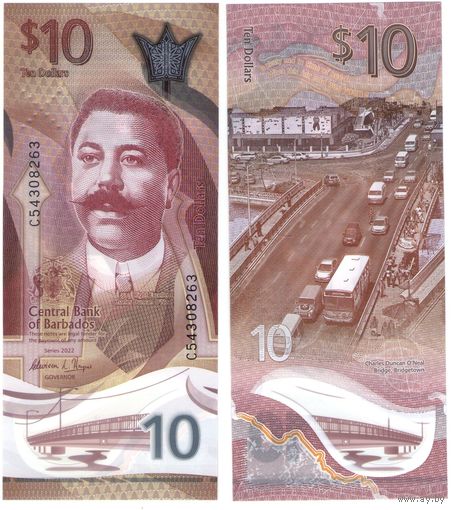 Барбадос  10 долларов    2022 год   UNC (полимер)