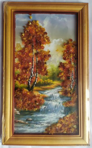Картина с натуральным янтарём 13,5 х 22,5 см в деревянной рамке
