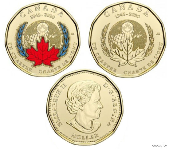 Канада 1 доллар 2020 75 лет ООН 2 монеты Простая и цветная UNC