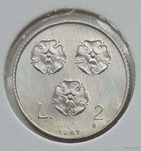 Сан-Марино 2 лиры 1987 г. 15 лет возобновлению чеканке монет. В холдере