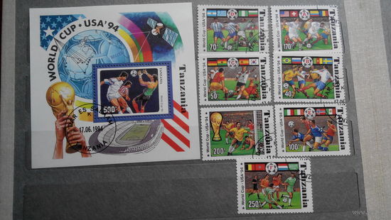 Футбол, спорт, марки, Танзания, чемпионат мира 1994, космос, техника, архитектура, стадионы, флаги, 7 марок и блок