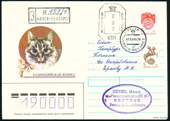 СССР 1990-1991 гг Художественный маркированный конверт ХМК с провизориями Балинезийская кошка