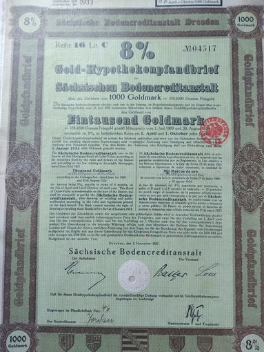 Германия, Дрезден 1927, Залоговое письмо, Облигация, 1000 Голдмарок -8%, Водяные знаки, Тиснение. Размер - А4