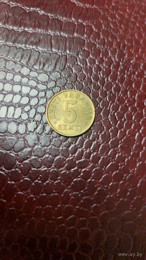 Монета 5 сентов 1992г. Эстония. Отличная!