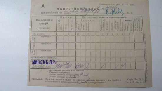 1909 г. Железная дорога . г. Минск  Опись на теплушку