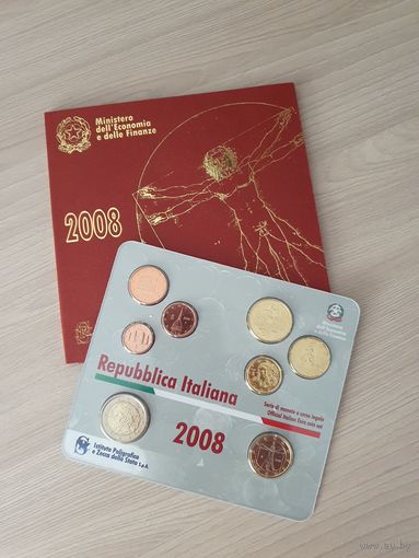 Италия 2008 год. 1, 2, 5, 10, 20, 50 евроцентов, 1, 2 Евро Буклет