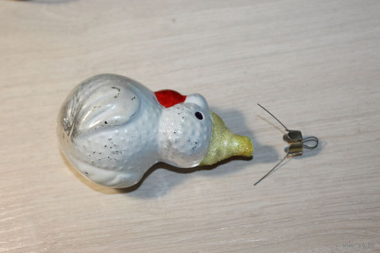 Стеклянная, ёлочная игрушка "Петушок", времён СССР, длина 10.5 см.