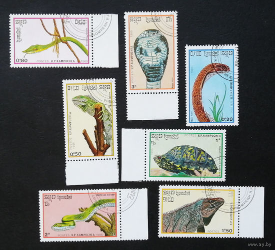 Камбоджа 1988 год. Рептилии. Змеи. Ящерицы. Черепахи. Фауна. полная серия из 7 марок #0060-Ф1P13