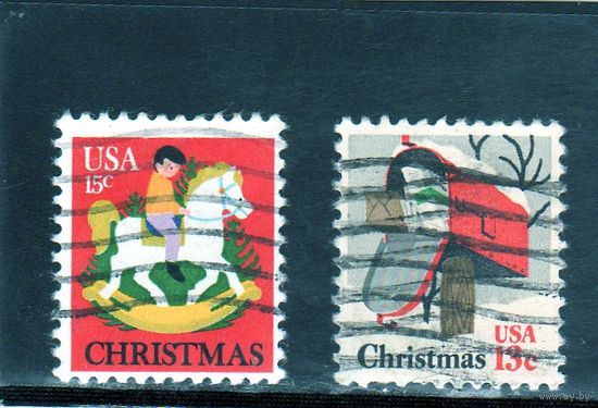 США. Ми-1318,1369. Почтовый ящик.Ребенок на качающейся лошади и елка. Серия: Рождество.1977-1978.