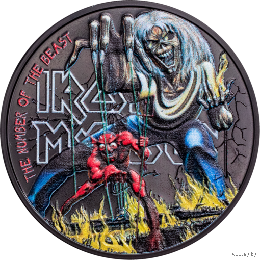 RARE Острова Кука 5 долларов 2022г. "Iron Maiden – The Number of the Beast (Число зверя)". Obsidian Black. Монета в капсуле; подарочной рамке - футрляре; сертификат; коробка. СЕРЕБРО 31,10гр.(1 oz).