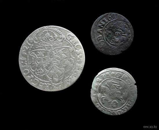 3 МОНЕТЫ РП 1627 г. (6 ГРОШЕЙ, ГРОШ, ТЕРНАР Г. ЛОБЖЕНИЦА) СИГИЗМУНД III (1587-1632)