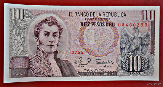 Колумбия, 10 песос оро, образца 1980 года, UNС