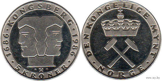 Норвегия 5 крон, 1986 300 лет норвежскому монетному двору UNC