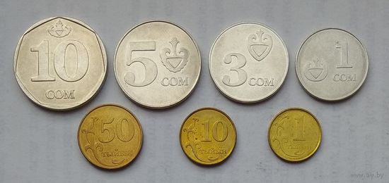 Киргизия 1, 10, 50 тыйын 1, 3, 5, 10 сом 2008 - 2009 г. Комплект 7 монет.