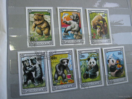 Марки - фауна, Монголия, 1974, медведи, панда, 7 марок