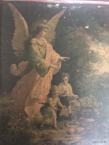Старинная литография Ангел Хранитель в рамке