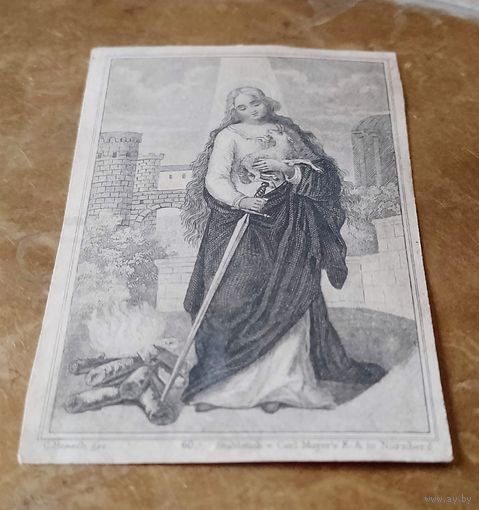 Икона гравюра оригинал  Св. Агнешка (Agnes) изд. Carl Mauer in Nurnberg шкаплерный образок 19 век
