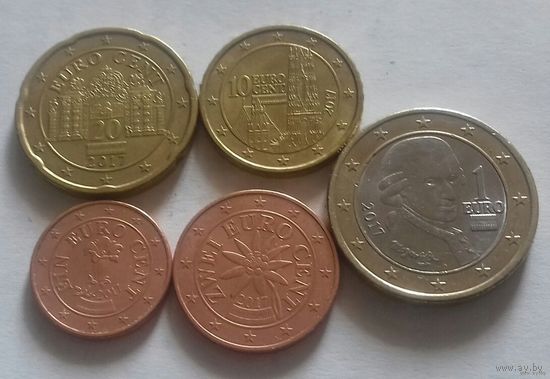 Набор евро монет Австрия 2017 г. (1, 2, 10, 20 евроцентов, 1 евро)