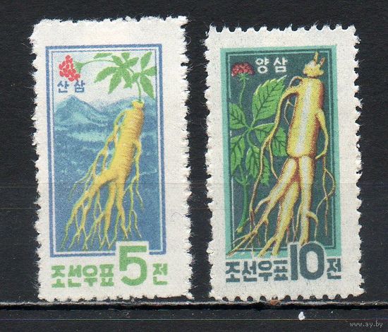 Лекарственные растения Женьшень КНДР 1961 год серия из 2-х марок