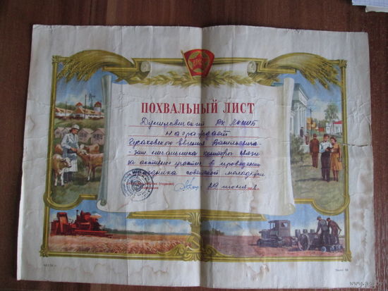 Похвальный лист Дуниловичского РК ЛКСМБ.1958г.